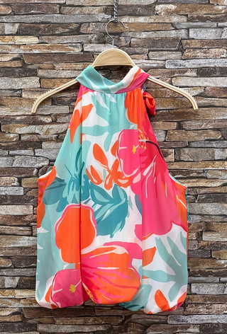 LOOWIE - ESBLSTPHB Italian OS Tropical Hibiscus Bow Halter Blouse