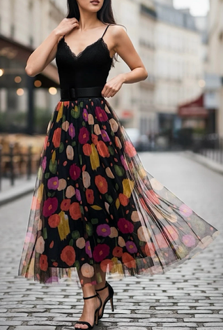 LOOWIE - ESFMSBK Italian Black Floral Tulle Midi Skirt
