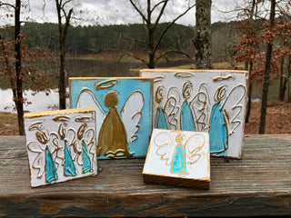 White background with blue angel(s) Coddiwomple - Angel handmade textured wood block, 3x3 or 5x7