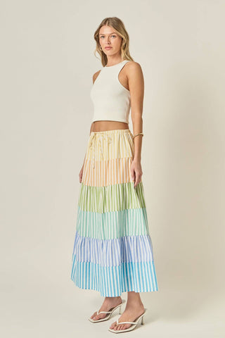 English Factory Pastel Maxi Skirt | Tiered Colorblock Summer Skirt