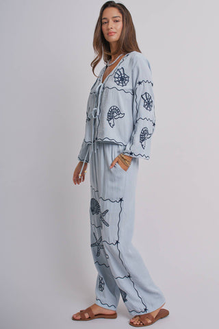 Urban Daizy - Seashell Embroidered Linen Blend Wide Leg Pants