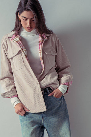 Urban Daizy - Plaid Flannel-Lined Corduroy Shacket