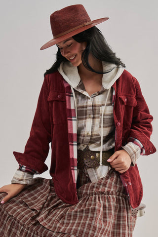 Urban Daizy - Plaid Lined Corduroy Flannel Shacket