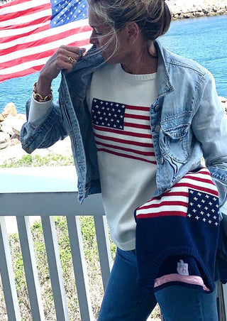 Pink Pineapple American Flag Sweater | 100% Cotton Patriotic Knit Sweater for Wome