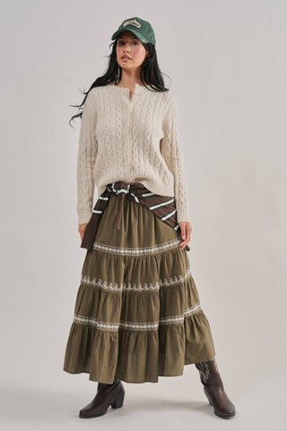 Urban Daizy Ivory Cable-Knit Cardigan with Lace Ruffle Trim