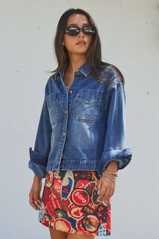 Urban Daizy - Vintage Wash Denim Shirt Jacket With Gold Buttons