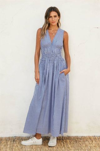 Dress Forum - Stripe V Neck Shirred Waist Midi Dress (1)