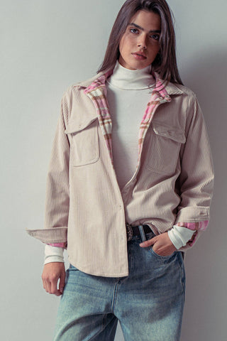 Urban Daizy - Plaid Flannel-Lined Corduroy Shacket