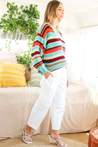 V-Neck Multi Color Striped Knitted Sweater