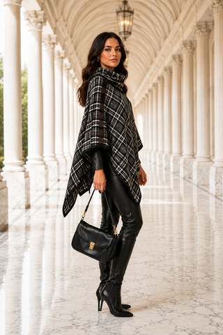 Designer House Plaid Button Front Cowl Neck Capelet