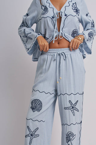 Urban Daizy - Seashell Embroidered Linen Blend Wide Leg Pants