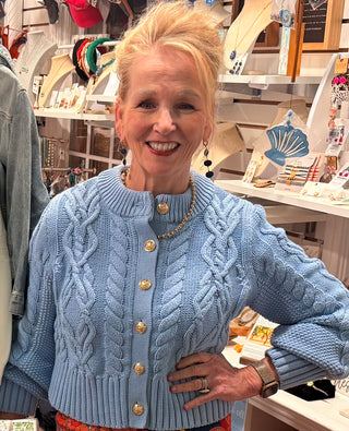 Pink Pineapple Light Blue Cable Knit Cardigan with Gold Buttons