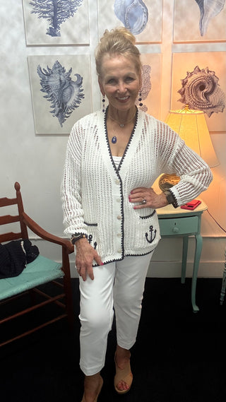 Anchor Coastal Cardigan Sweater– Navy & White