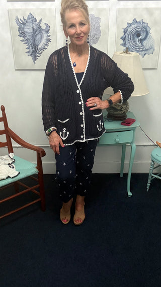 Anchor Coastal Cardigan Sweater– Navy & White