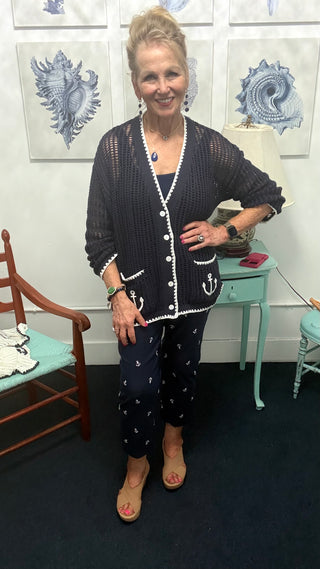 Anchor Coastal Cardigan Sweater– Navy & White