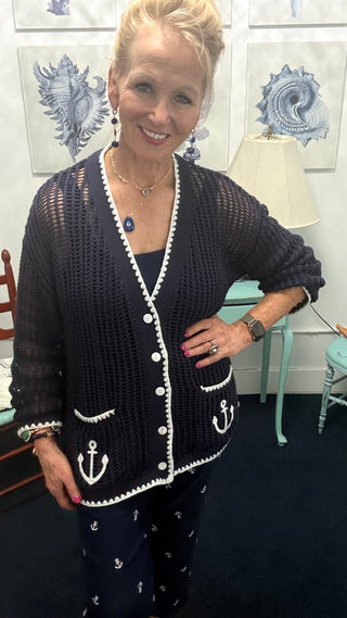 Anchor Coastal Cardigan Sweater– Navy & White
