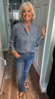 Ruffle Neck Denim Snap Button Shirt