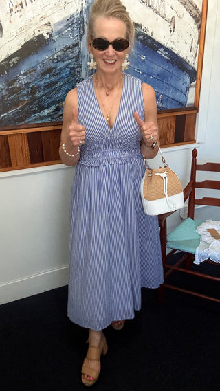 Dress Forum - Stripe V Neck Shirred Waist Midi Dress (1)