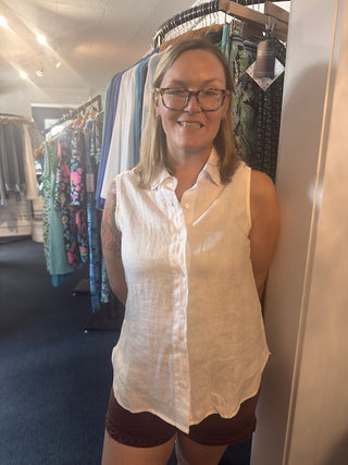 LuLu B Button Up sleeveless linen LuLu-B 100% Linen Sleeveless Button-Front Shirt | Women's Breathable Coastal Top