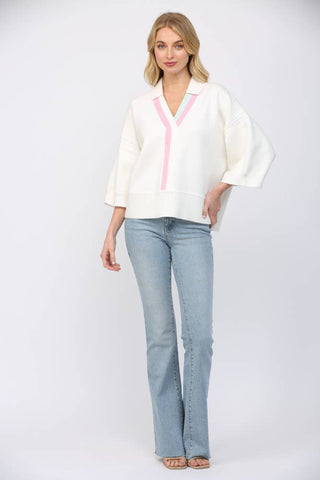 FATE - STRIPED VNECKLINE WITH COLLAR DETAIL 3/4 SLV SWEATER FW15756