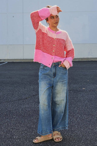 Urban Daizy - Striped Fuzzy Knit Volume Sleeve Cardigan