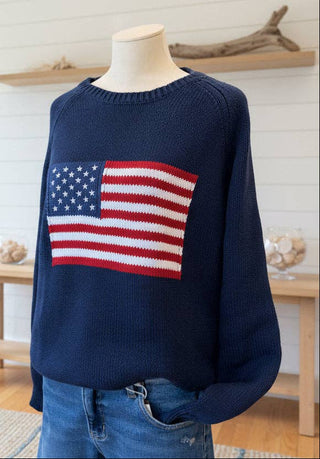 Pink Pineapple - Pink Pineapple Vintage Flag Boyfriend Sweater – 100% Cotton Patriotic Knitampus Boyfriend Flag Sweater In Navy