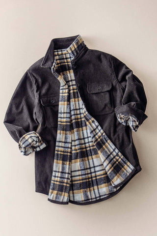 Urban Daizy - Plaid Flannel-Lined Corduroy Shacket