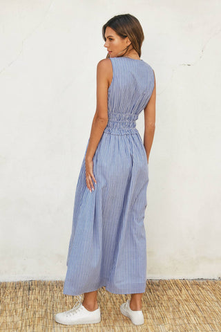 Dress Forum - Stripe V Neck Shirred Waist Midi Dress (1)