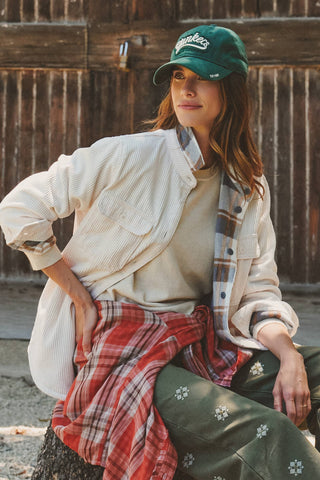 Urban Daizy - Plaid Lined Corduroy Flannel Shacket