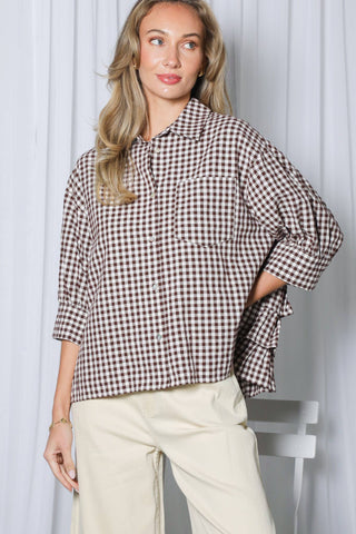 100% Cotton Gingham Shirt Jacket with Ruffle Back | Women's Boutique Fashion