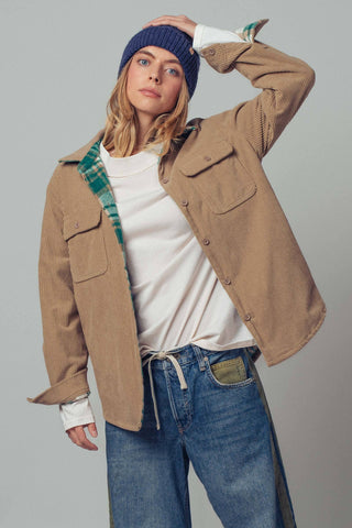 Urban Daizy - Plaid Flannel-Lined Corduroy Shacket