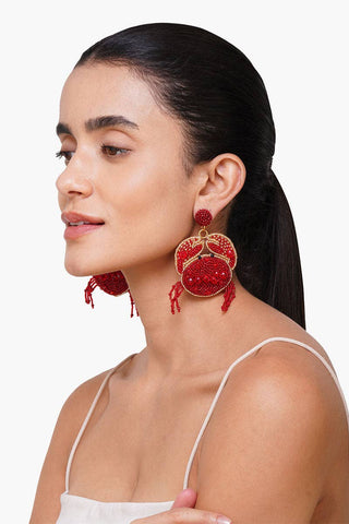 Handmade Beaded Crab Earrings | Coastal Statement Earrings in Red &amp; Gold