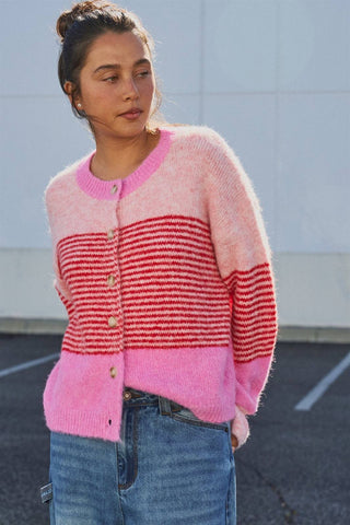 Urban Daizy - Striped Fuzzy Knit Volume Sleeve Cardigan