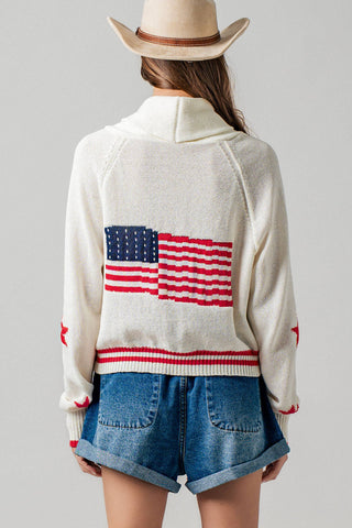Patriotic American Flag Shawl Collar Cardigan Sweater- Urban Daizy