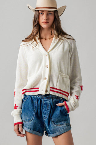 Patriotic American Flag Shawl Collar Cardigan Sweater- Urban Daizy