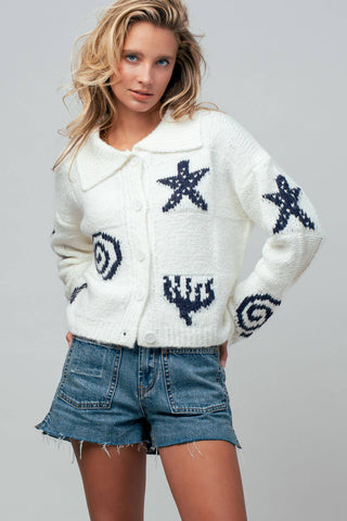 Urban Daizy - Nautical Sea Life Motif Collared Cardigan
