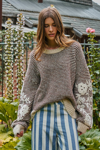 Urban Daizy - Floral Embroidered Striped Knit Sweater