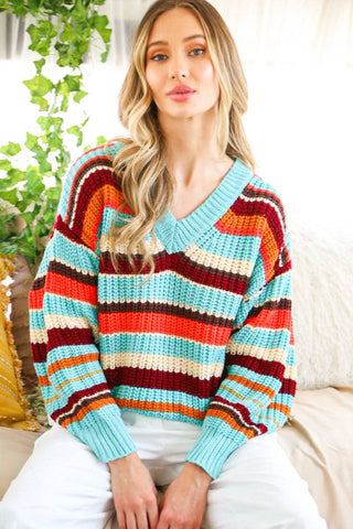 L Vine & Love - V-Neck Multi Color Striped Knitted Sweater VT70365