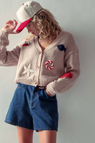 Urban Daizy - Crochet Patch Cardigan–Nautical Motifs, Relaxed Cropped Fit