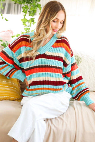 V-Neck Multi Color Striped Knitted Sweater