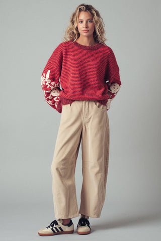Urban Daizy - Floral Embroidered Striped Knit Sweater
