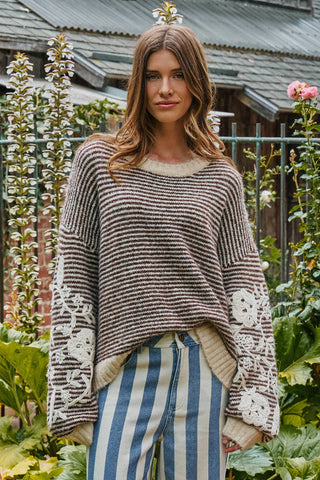 Urban Daizy - Floral Embroidered Striped Knit Sweater