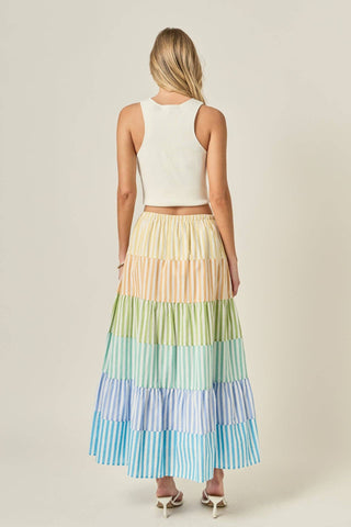 English Factory Pastel Maxi Skirt | Tiered Colorblock Summer Skirt