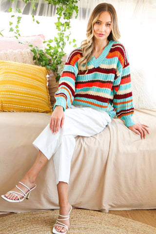 V-Neck Multi Color Striped Knitted Sweater