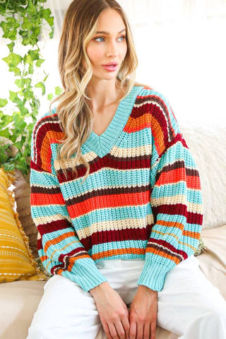 V-Neck Multi Color Striped Knitted Sweater