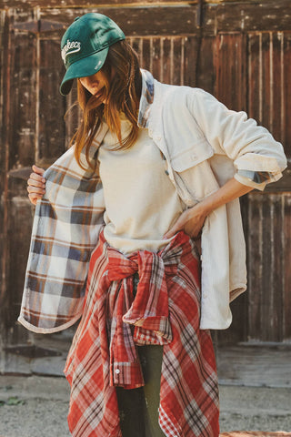 Urban Daizy - Plaid Lined Corduroy Flannel Shacket