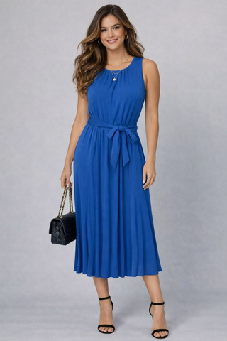 Royal Blue Pleated Midi Dress with Tie Waist