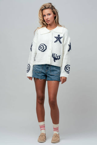 Urban Daizy - Nautical Sea Life Motif Collared Cardigan
