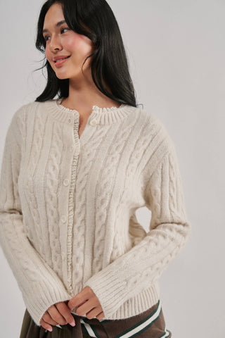 Urban Daizy Ivory Cable-Knit Cardigan with Lace Ruffle Trim