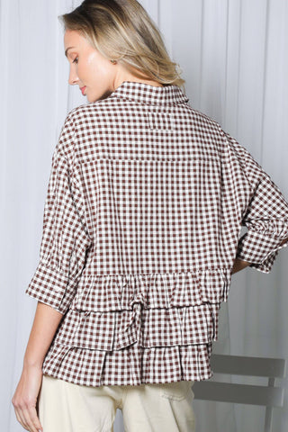 100% Cotton Gingham Shirt Jacket with Ruffle Back | Women's Boutique Fashion